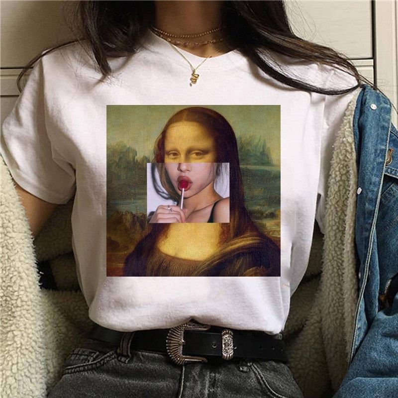 Mona Lisa Aesthetic Harajuku T Shirt Women Ullzang Vintage Graphic T-shirt Funny