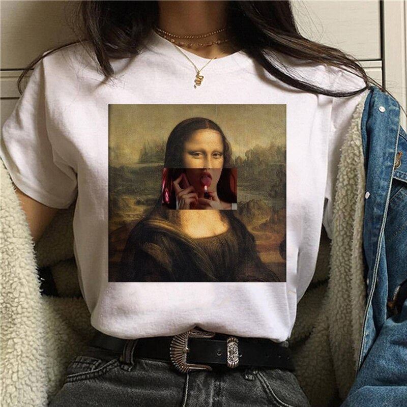 Mona Lisa Aesthetic Harajuku T Shirt Women Ullzang Vintage Graphic T-shirt Funny