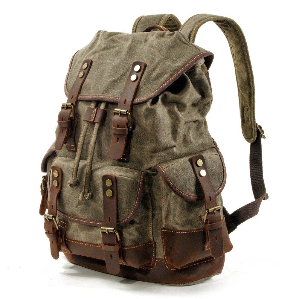 Men's leather backpack for men mochila hombre High Capacity Waxed Canvas Vintage