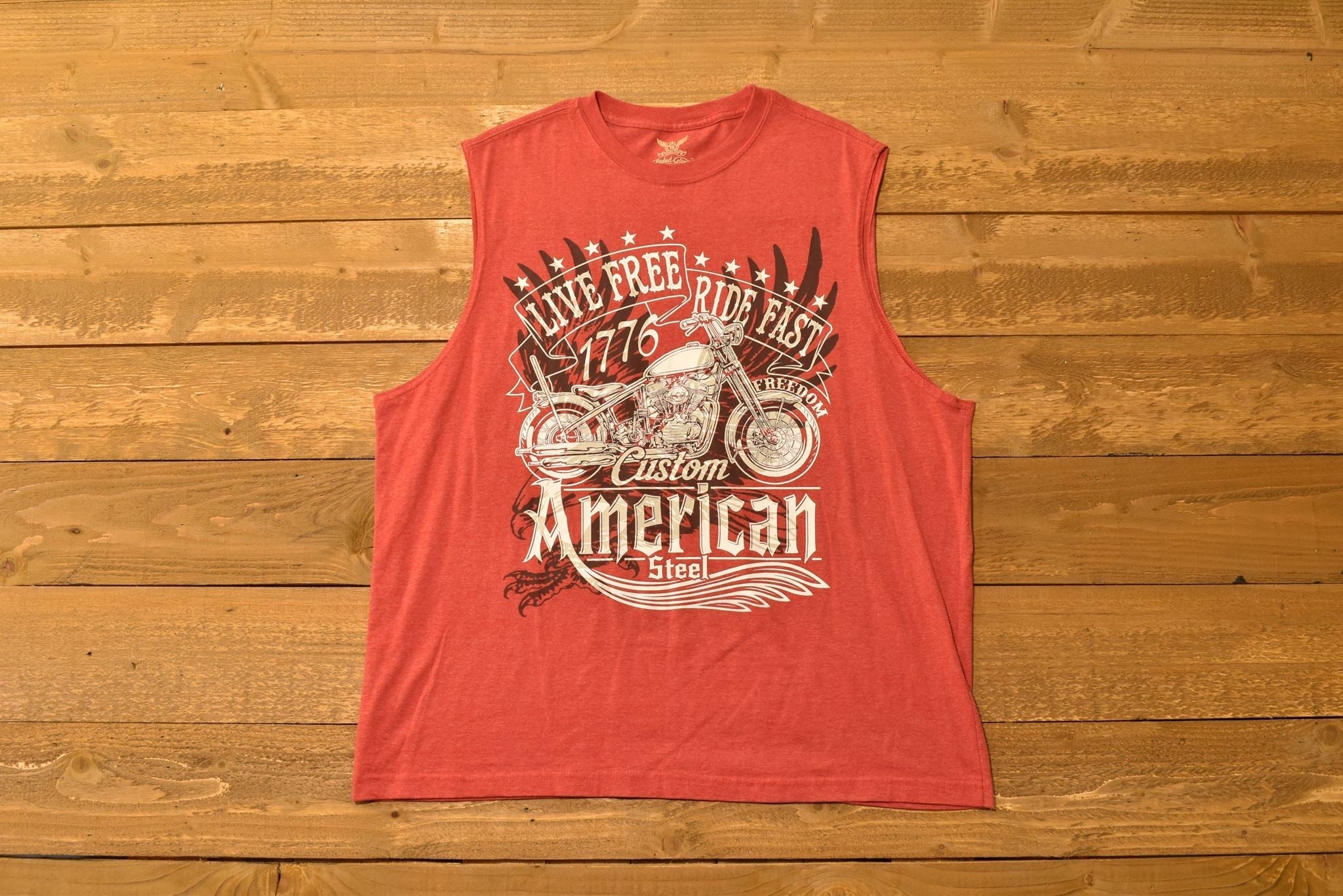 Faded Glory Mens Red Cut off shirt Live free ride hard XL