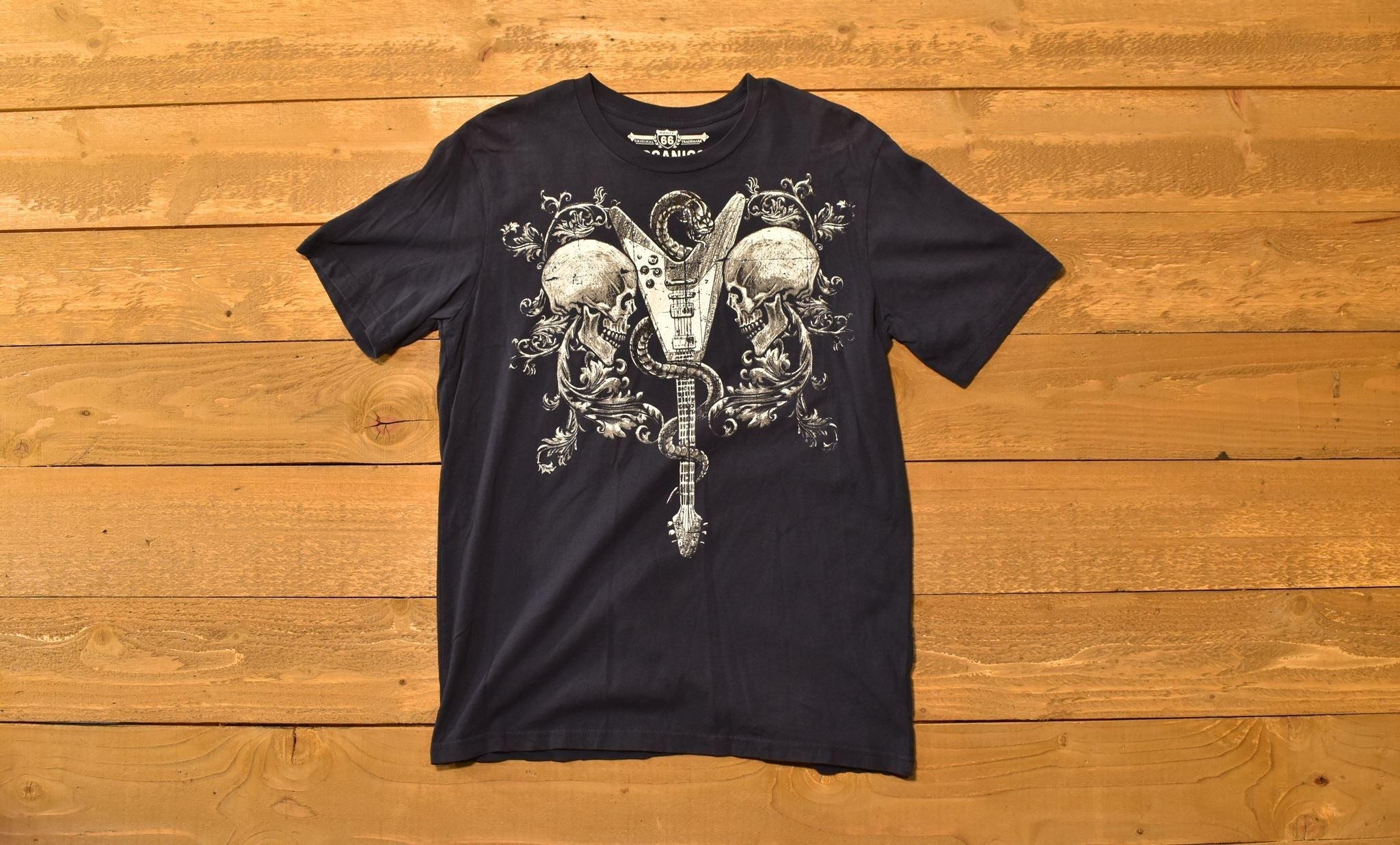 Route 66 Organics Large T-shirt mens tee Blue skulls and guitar Used Authentic