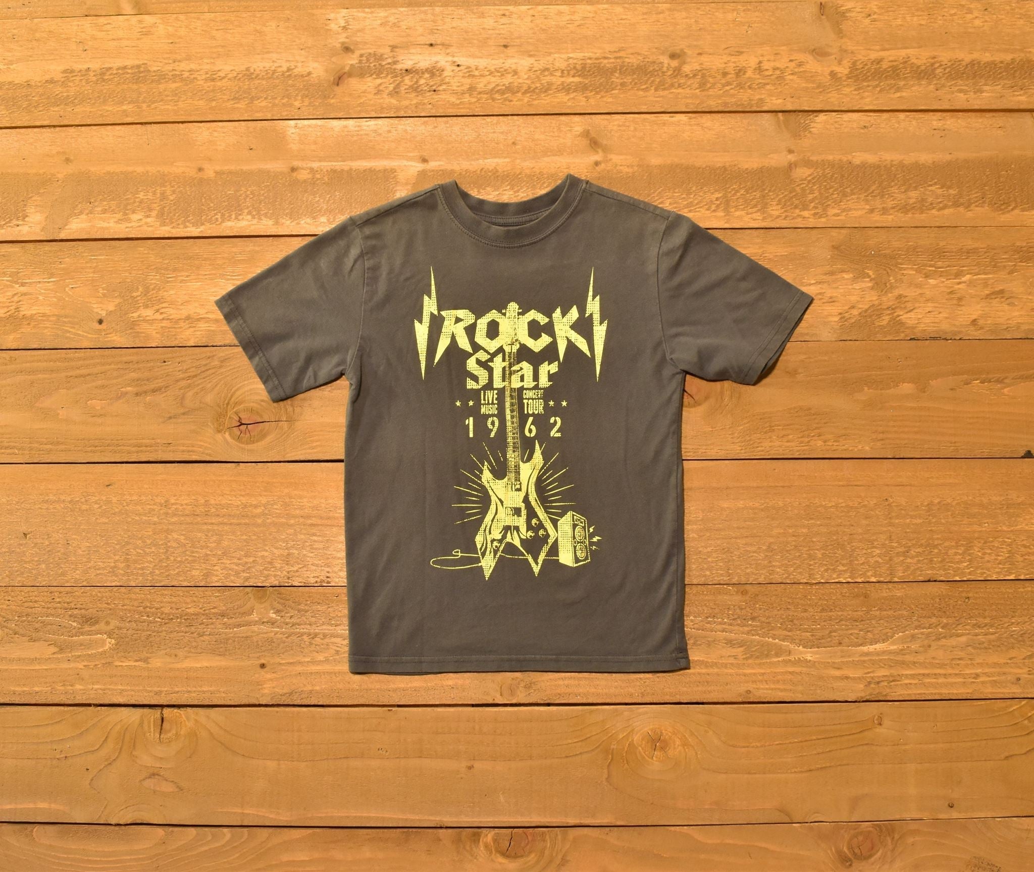 Rock star Live music Tour 1962 Kids Large T-shirt Faded Glory Grey Yellow Guitar