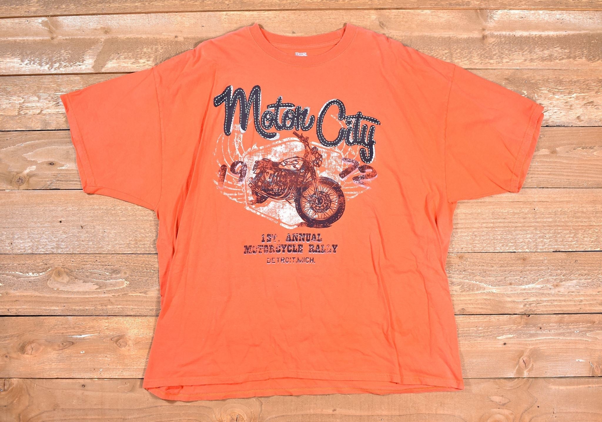 Motor City Mens T shirt Orange Motorcycle Used tee 1st Annual