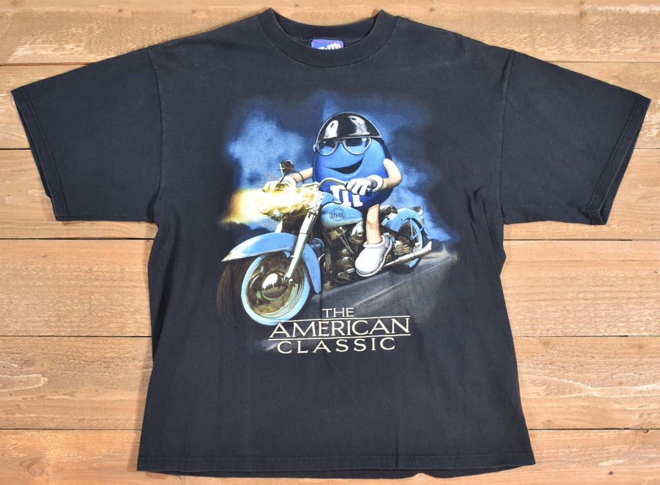 Authentic M and Ms Branded T shirt Large Used Motorcycle Blue MMS