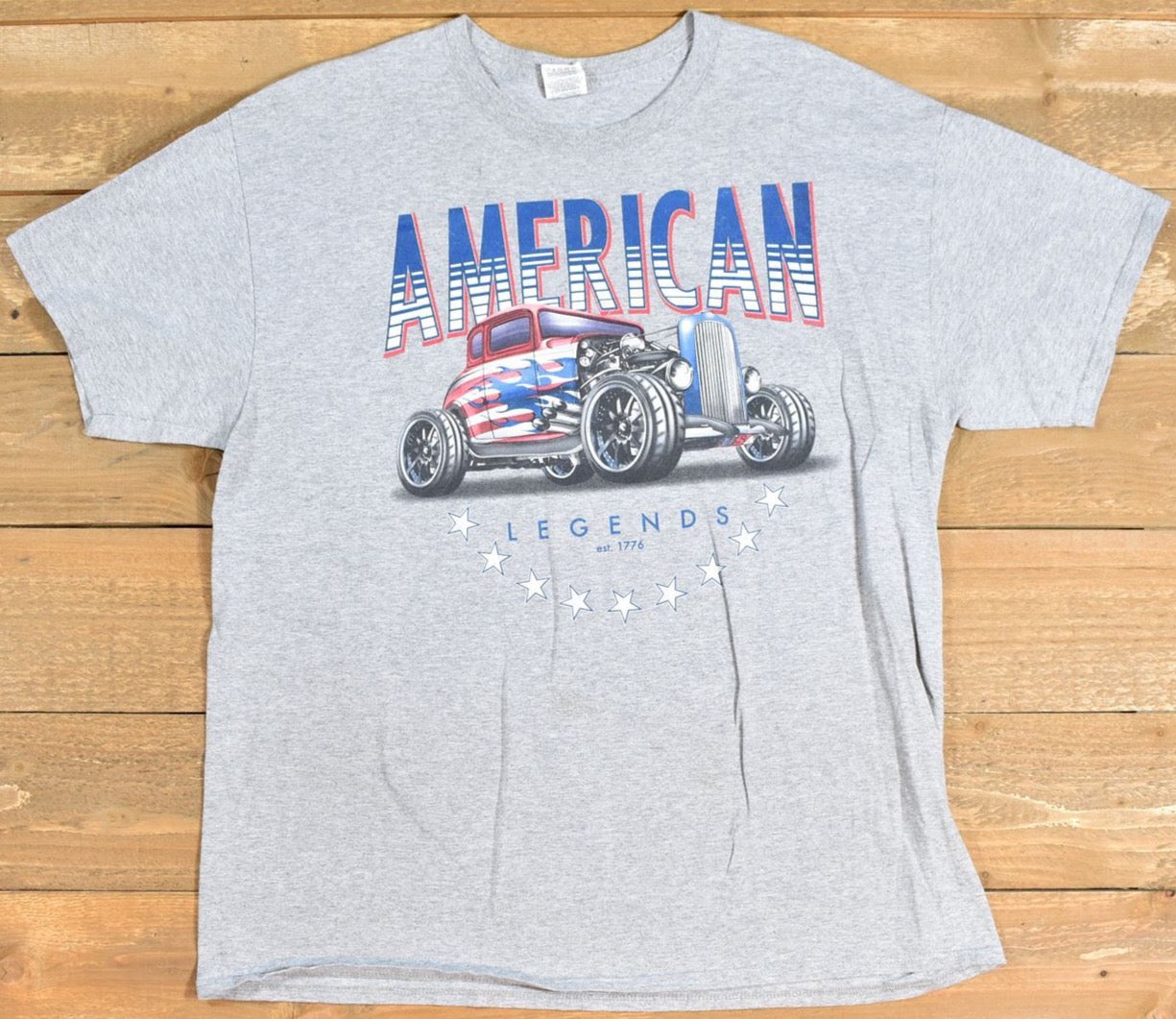 American Legends est.1776 American Muscle Car mens used t shirt Grey