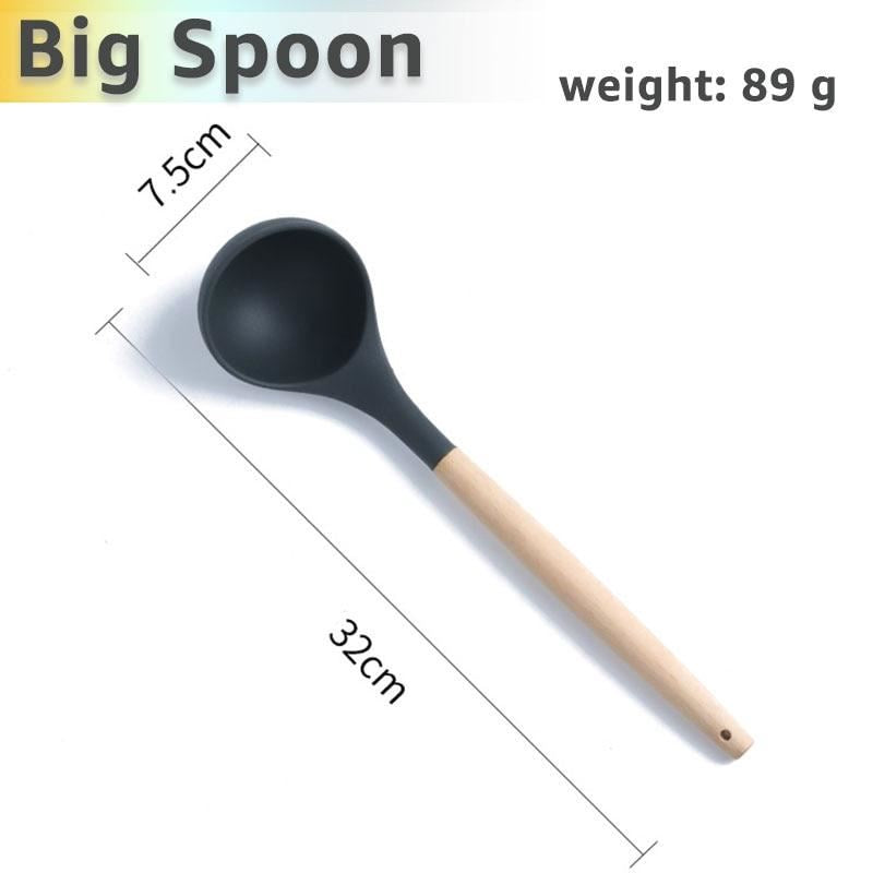Silicone Cooking Utensils Set Kithcen Non Stick Spatula Shovel Soup Spoon Wooden