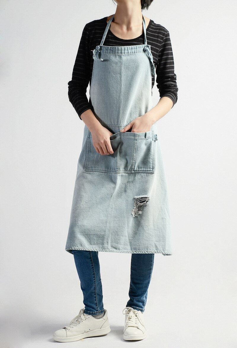 New Unisex Denim Apron Vintage Gardening Works Apron Adjustable Kitchen Cooking