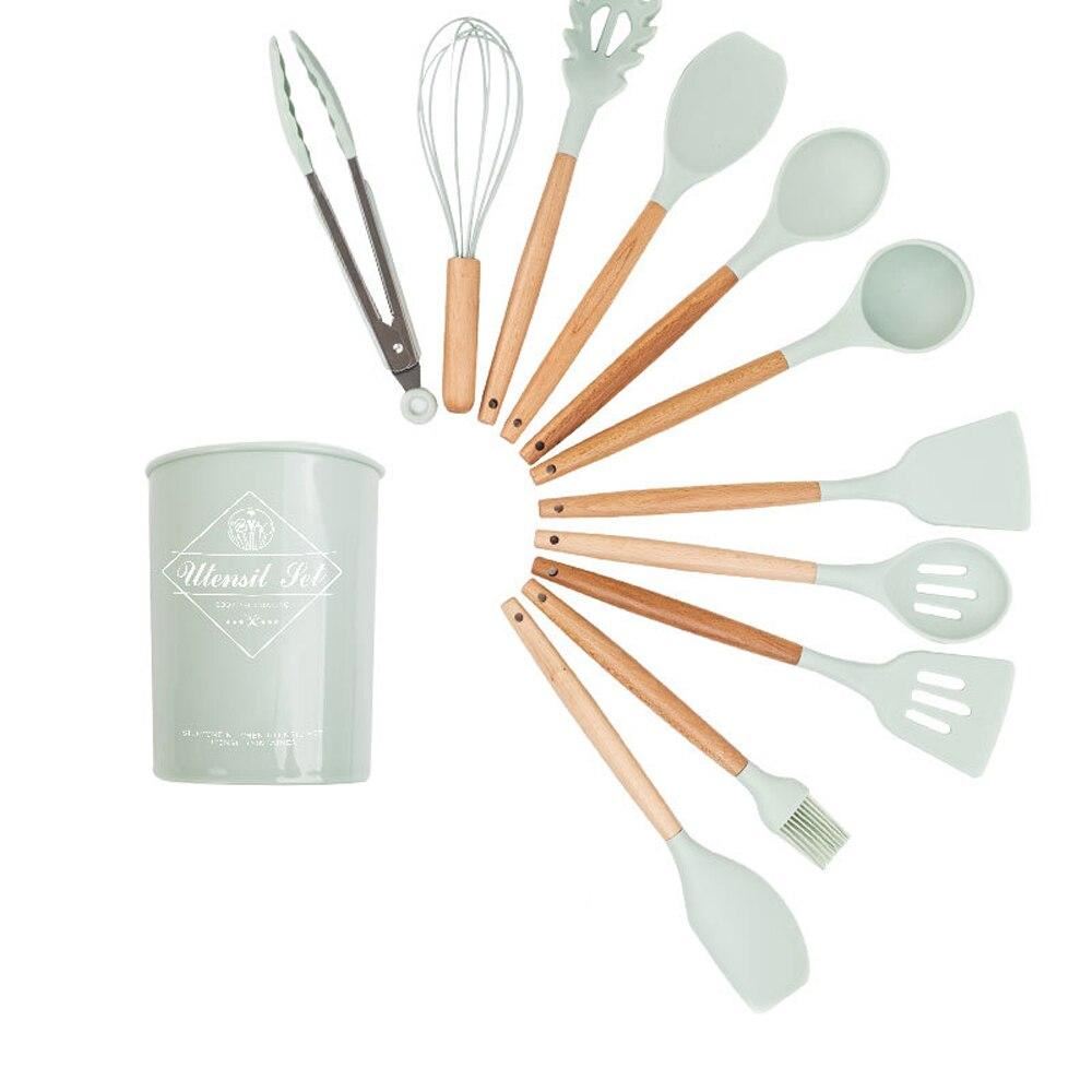 12pcs Silicone Kitchenware Set Cooking Utensil Non-stick Wood Handle Shovel Spat