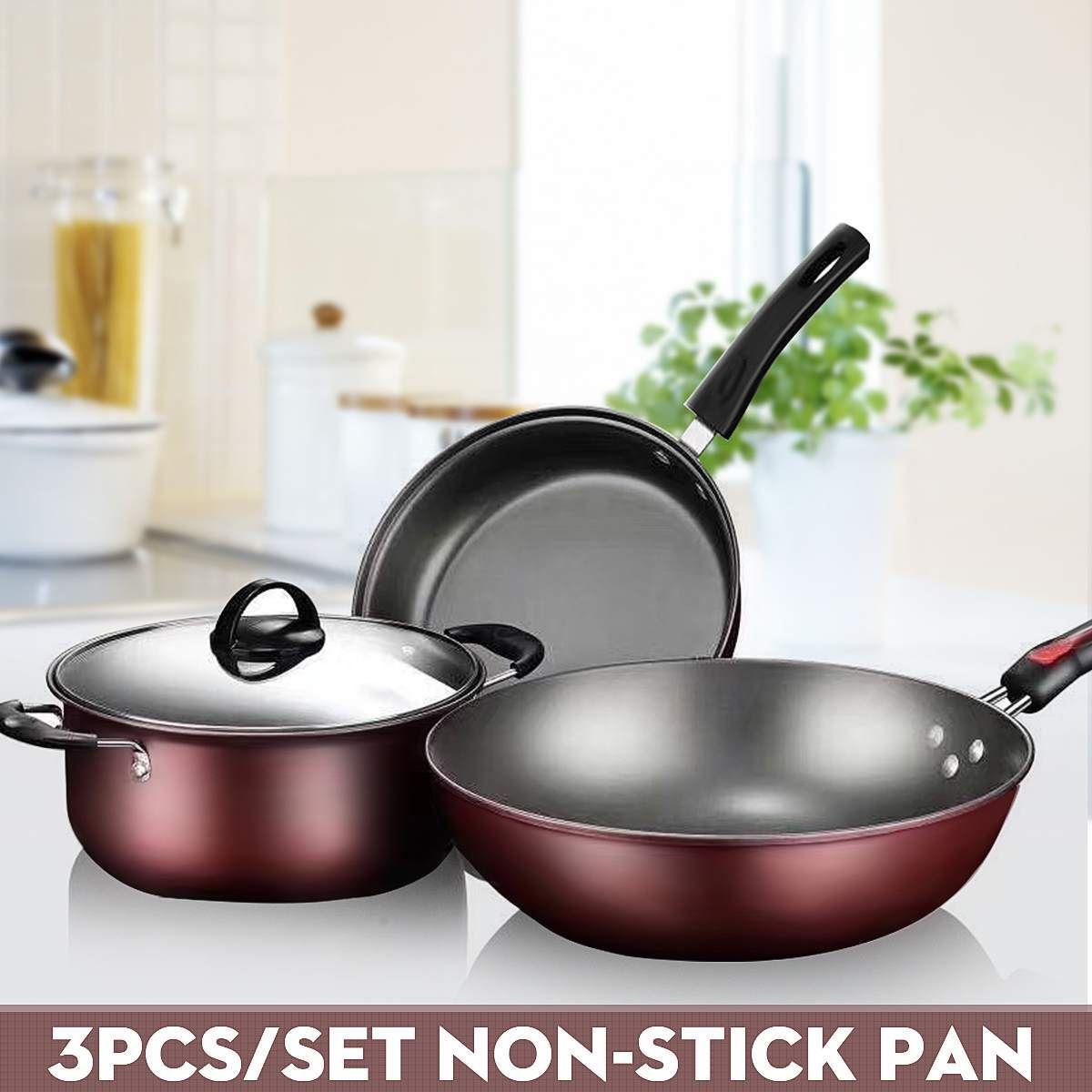 3Pcs Kitchen Cookware Set Non-stick Cookware Frying Pan Cooking Pot & Pan Saucep