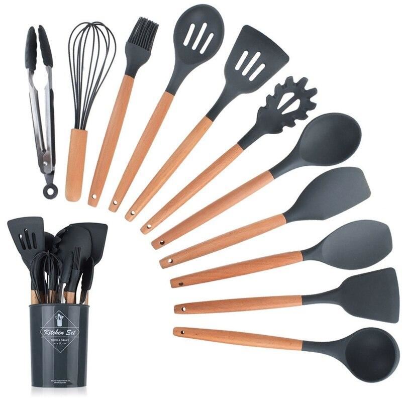 11pcs Silicone Cooking Utensils Set Solid Wood Handle With Storage Box, Kitchen