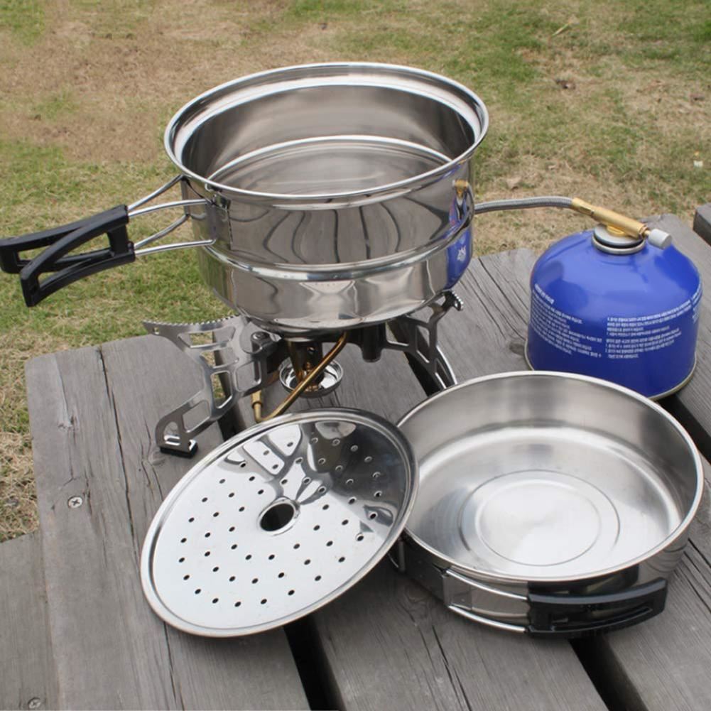 Stainless Steel Outdoor Picnic Pot Pan Kit Camping Hiking Cookware Cover Cooking