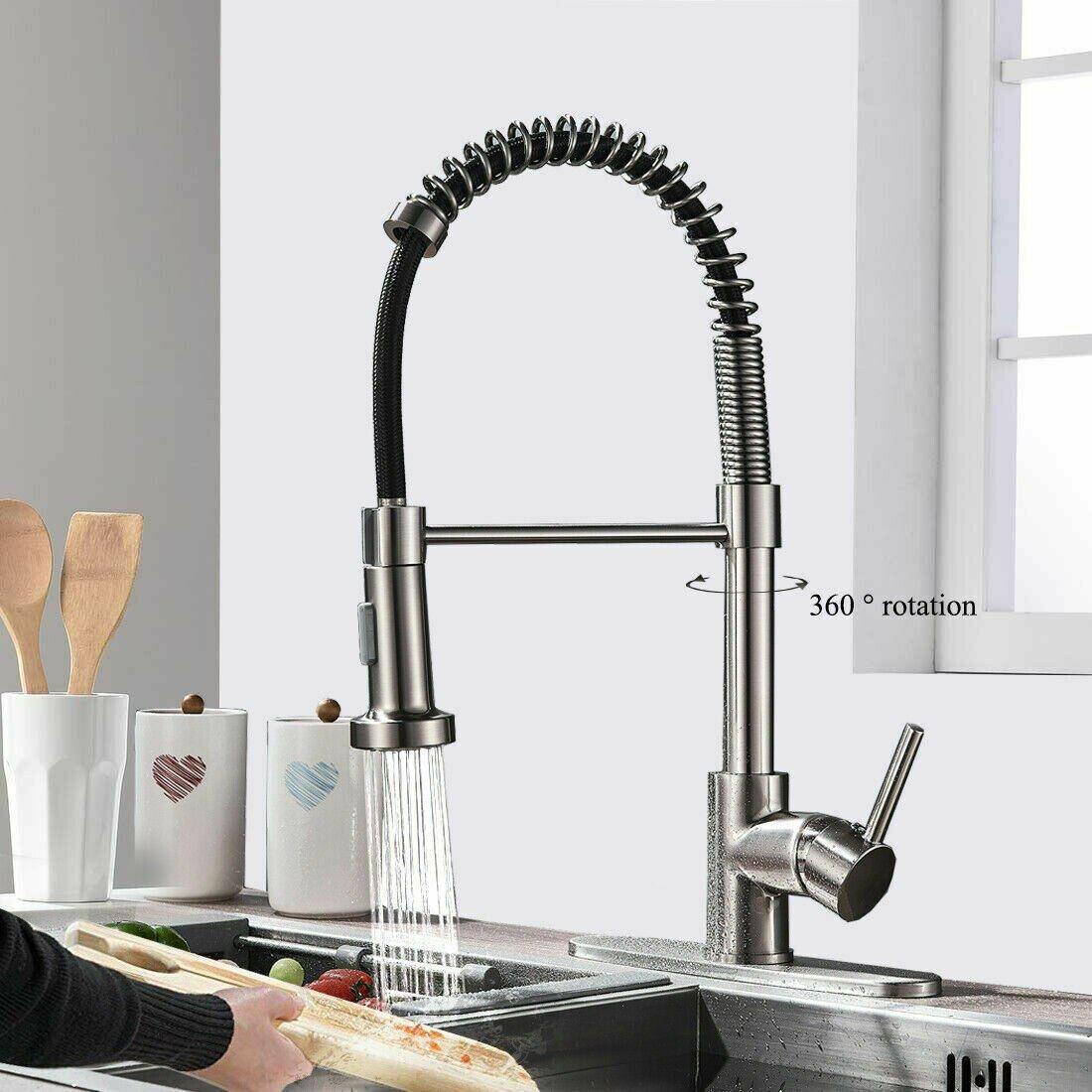 Kitchen Sink Faucet Spring Hot Cold Water Tap Deck Mounted Bathroom Matte Black