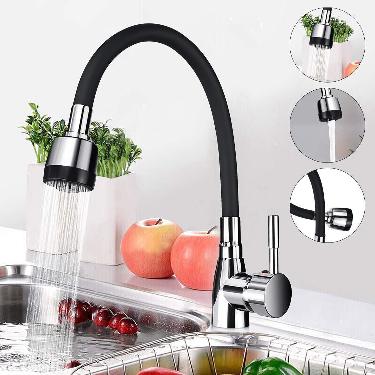 Polished Chrome Black Single Handle Kitchen Basin Faucet 360Rotating Cold and Ho