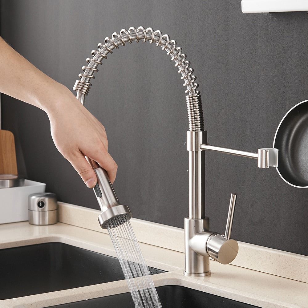 Kitchen Faucets Brush Brass Faucets for Kitchen Sink  Single Lever Pull Out Spri
