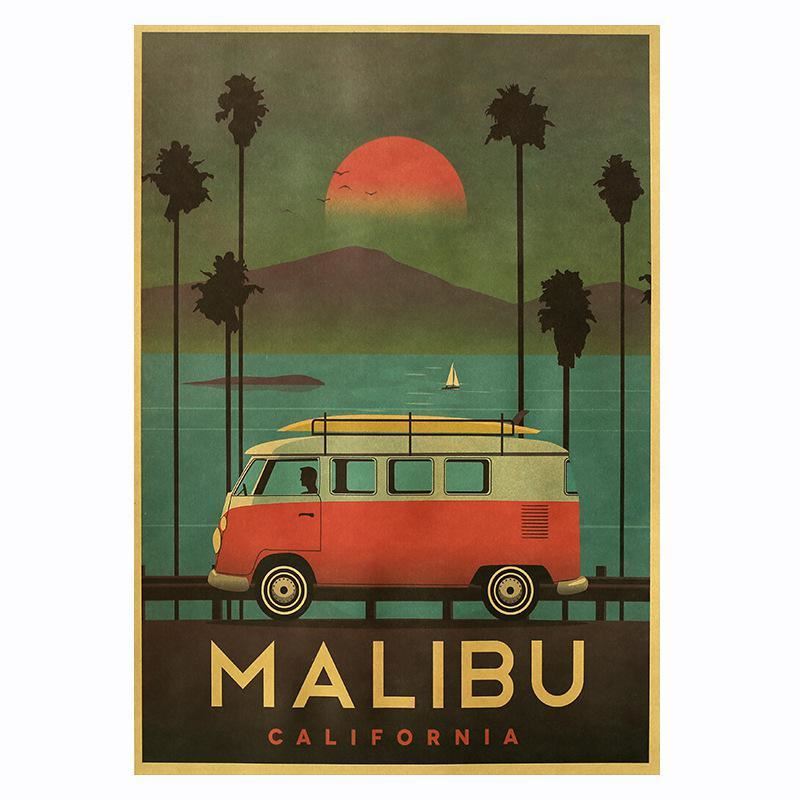 Malibu California landscape poster retro kraft paper wall sticker home decoratio
