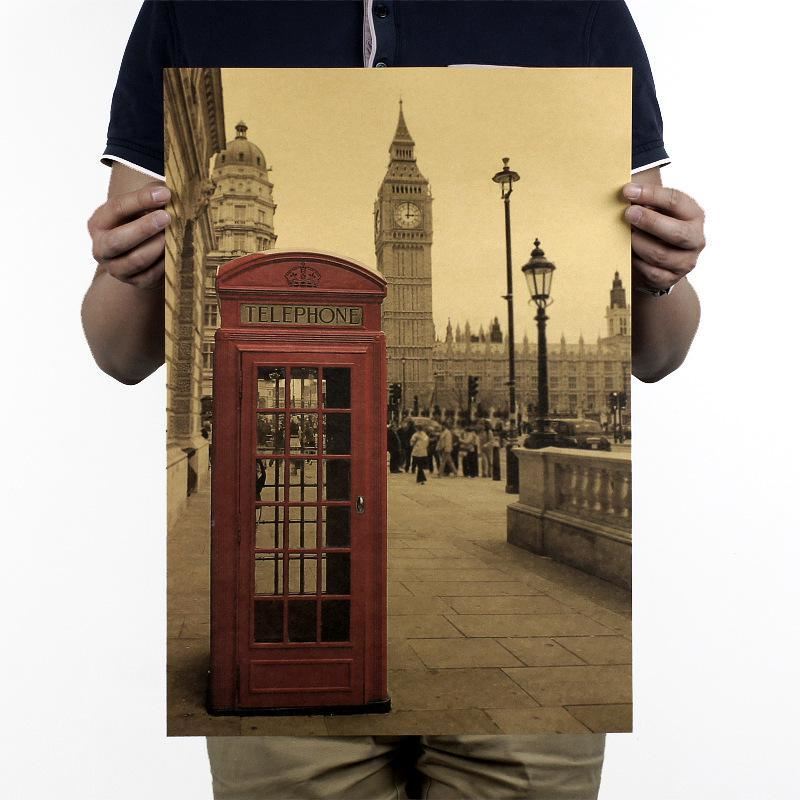 London red telephone booth nostalgic kraft paper poster cafe bar room decoration