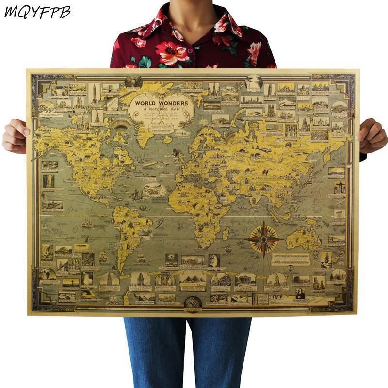 World Architectural Miracle Landmark Map Kraft Retro Paper Poster Wall Sticker D