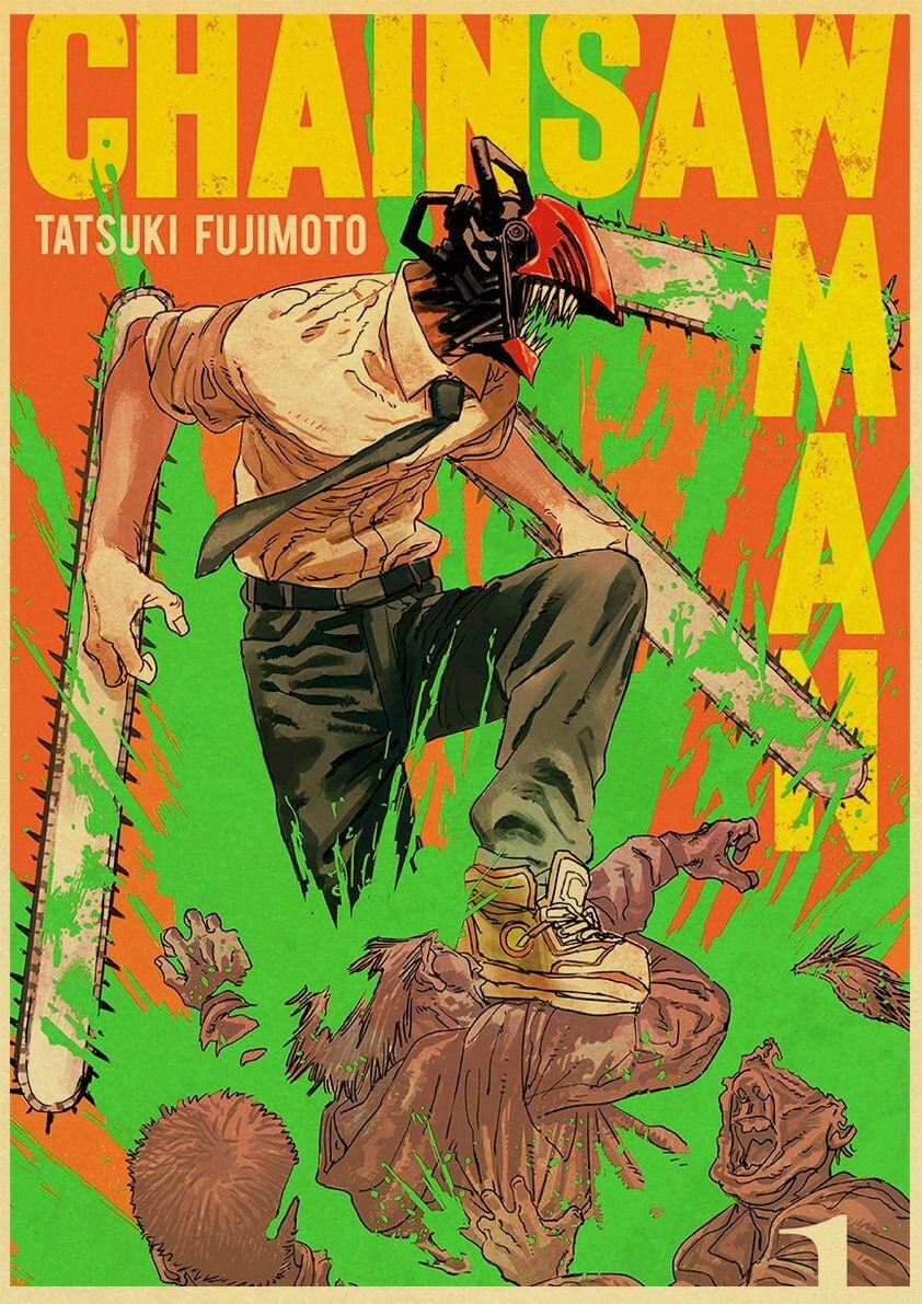 Vintage Anime Chainsaw Man Posters Retro Kraft Paper Prints High Quality Art Print