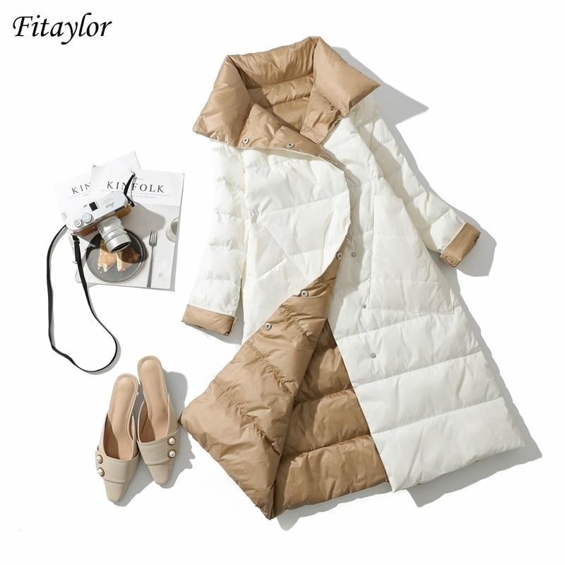 Fitaylor 2021 Winter Women Turtleneck White Duck Down Coat Double Breasted Warm