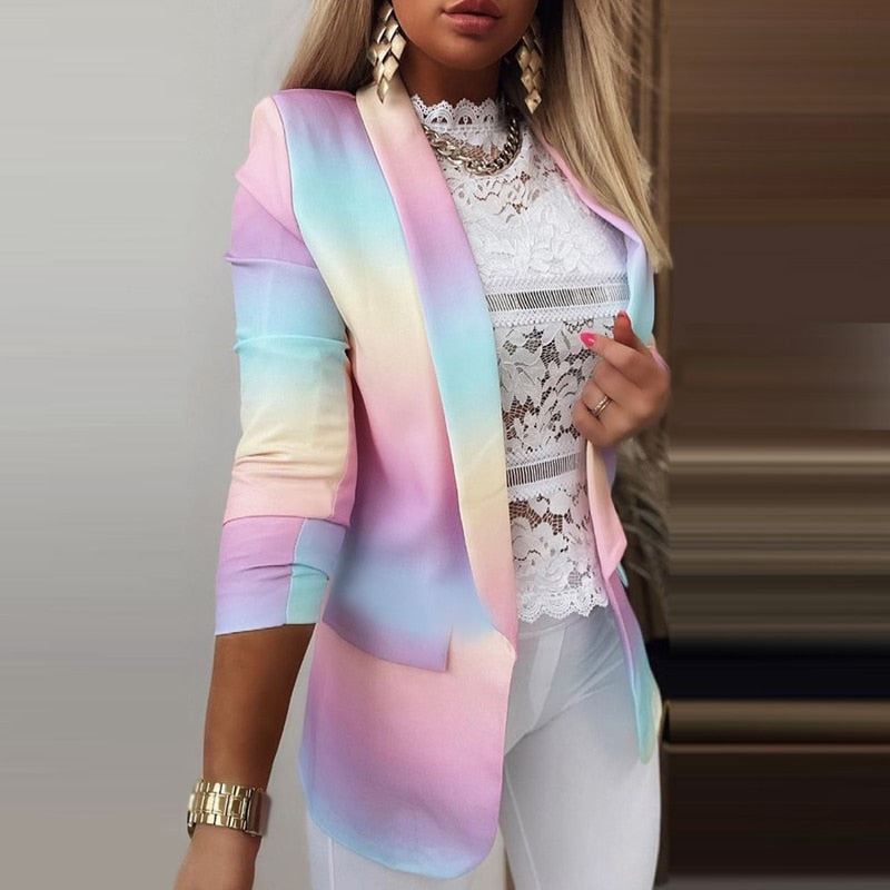 New Design 2021 Colorful Printed Notched Collar Cardigan Autumn Spring Women Ele