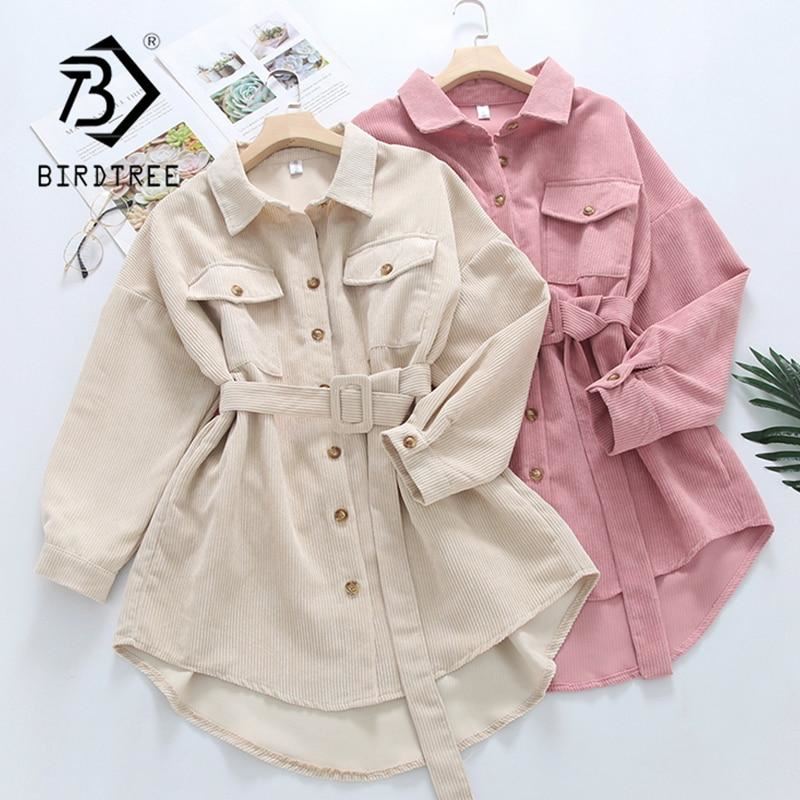 Spring New Women Solid Corduroy Batwing Sleeve Vintage Shirt Jacket With Belt Tu