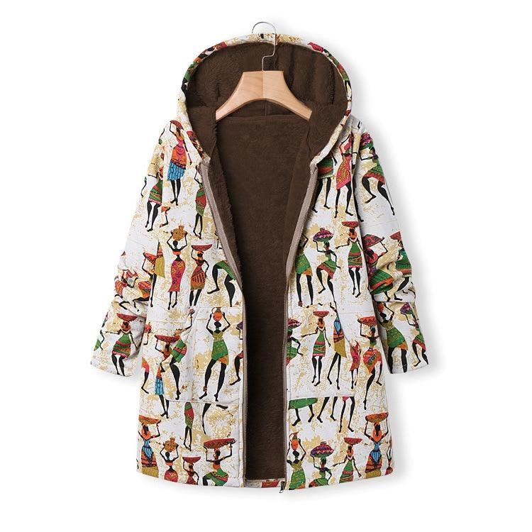 QPFJQD Winter Women Vintage Printed Parkas Velvet Female Long Sleeve Hooded Fle