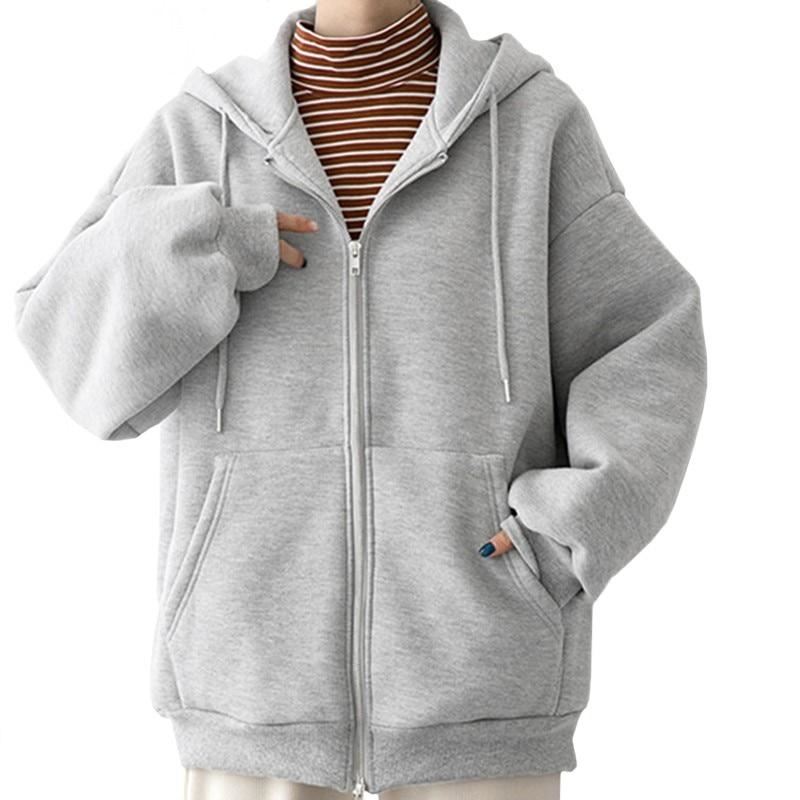 Korean Pop Women Sweatshirt Jacket Hat Hoodie Silver Gray Fleece Zipper Harajuku