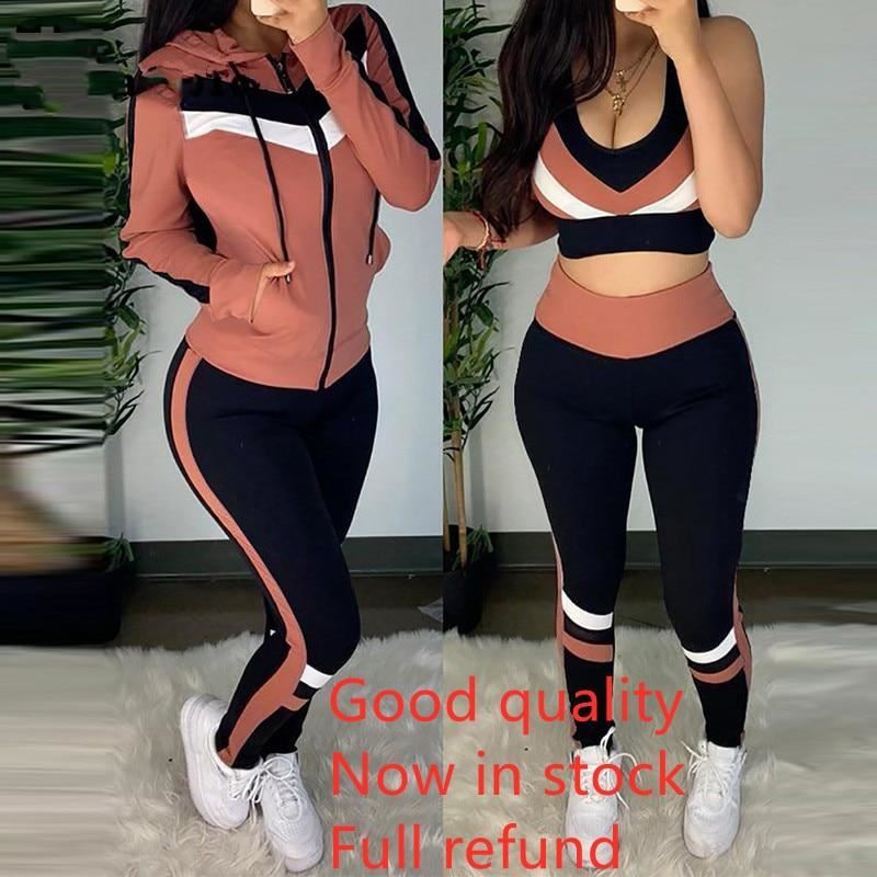 Colorblock crop top & high waisted pants & hooded jacket casual female set 3 pie