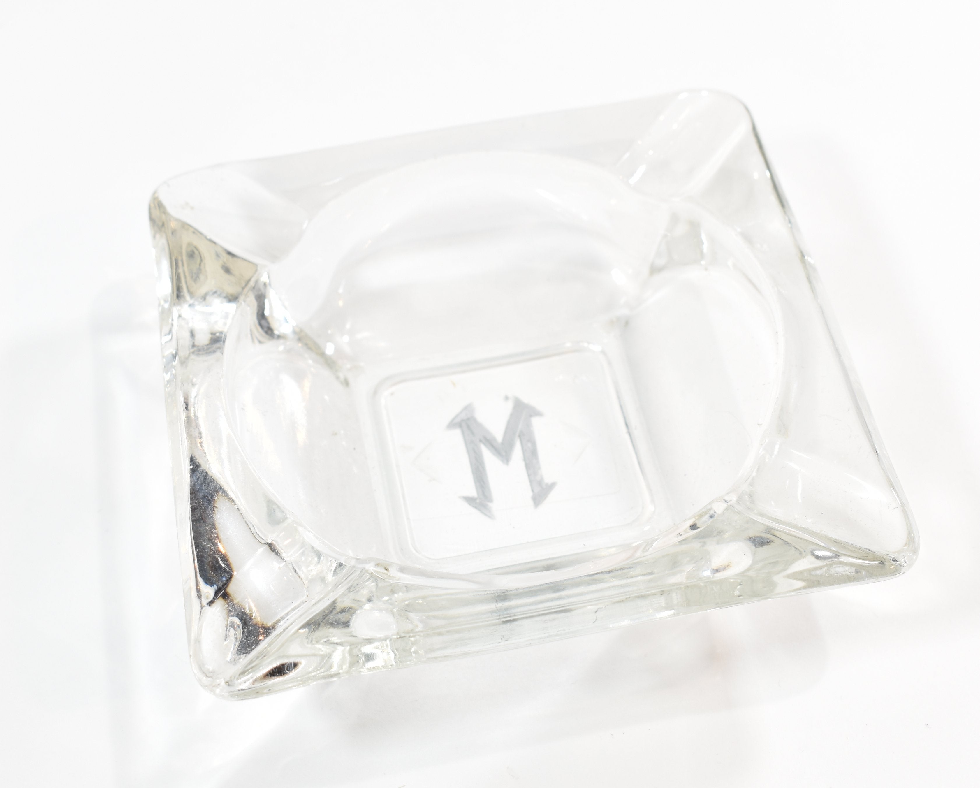 Vintage Clear Glass Ash Tray used 6 inch Letter M