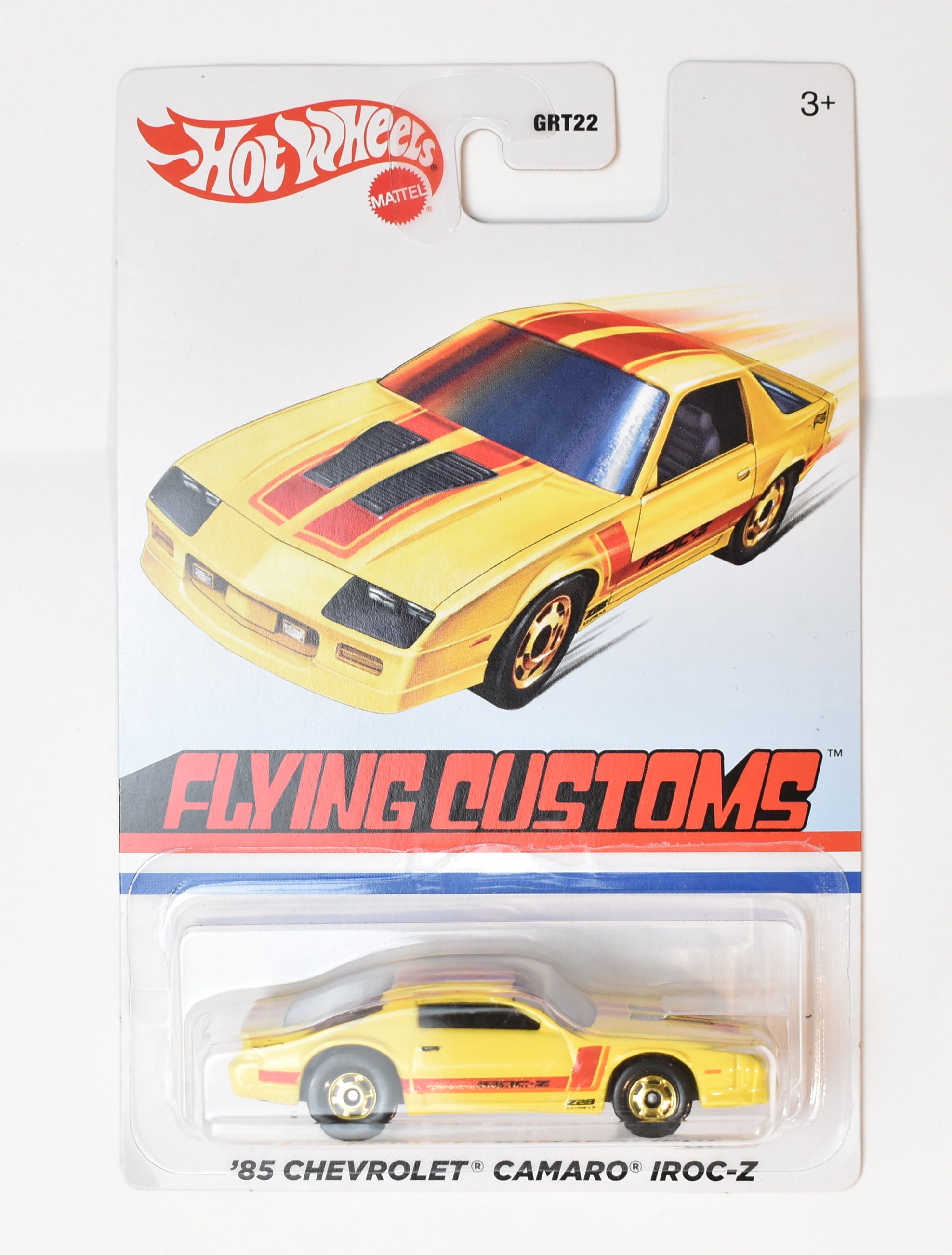 Hot Wheels Flying Customs Toy Car 85 Chevrolet Camaro Iroc-z Yellow GRT22