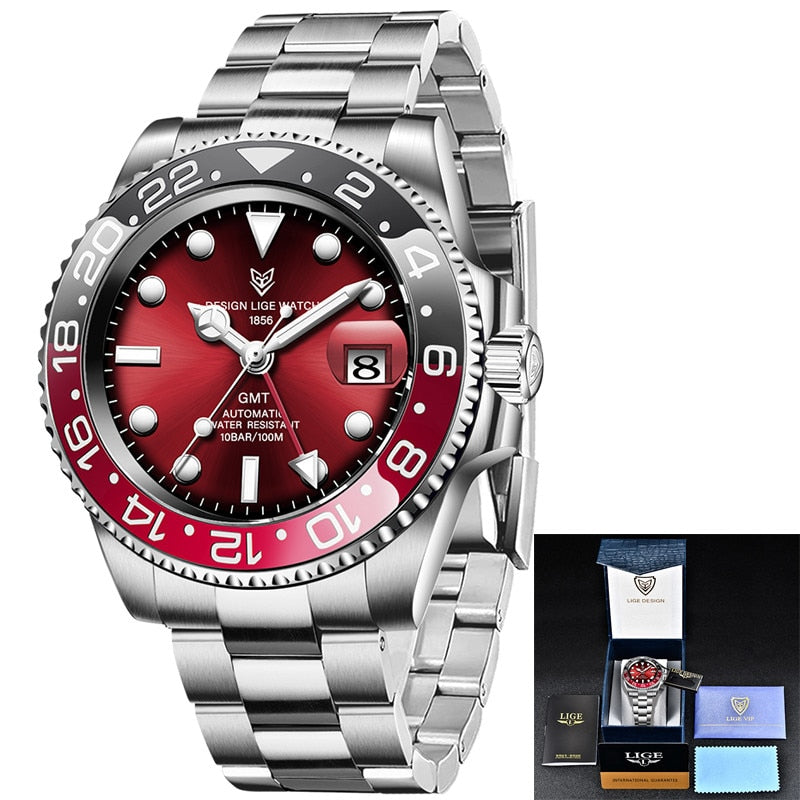 LIGE Men Watches Sapphire Glass 40MM Ceramic GMT Automatic Mechanical Watch Men 100m Waterproof Classic Fashion Luxury Clock+Box