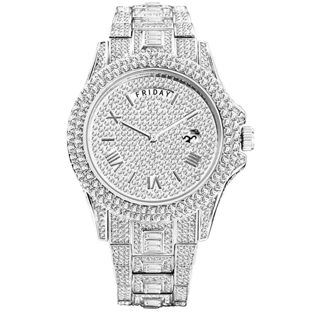 MISSFOX Quartz Men's Watch Diamond Top Dual Calendar Watch Men Waterproof Diver Luxury Silver Calendar Steel Relogio Masculino