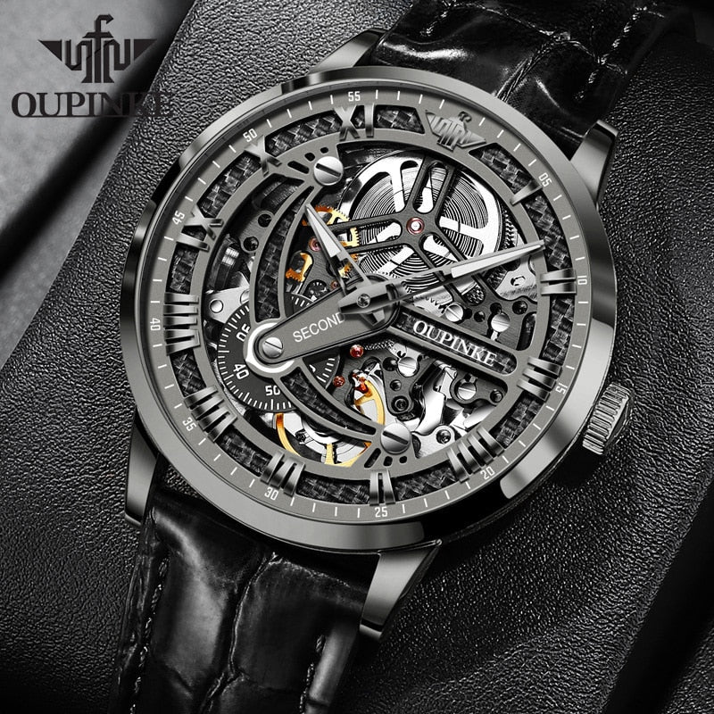 Luxury Men Mechanical Wristwatch Automatic Watch Men Classic Skeleton Leather Top Brand OUPINKE Transparent Sapphire Waterproof