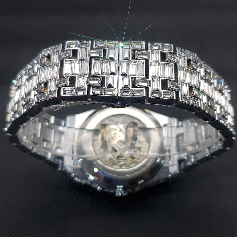MISSFOX Hip Hop Ice Out Mechanical Men Watch Luxury Full Diamond Skeleton Clock Waterproof Tourbillon Automatic Watches 2021 New