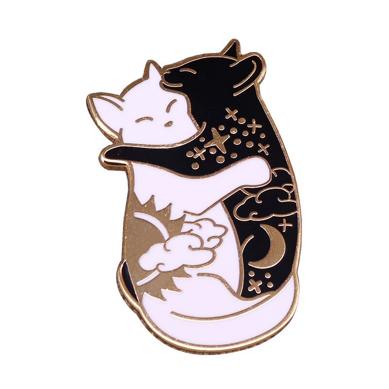 Cute Hug Cat Brooch Black and White Sun Moon Celestial Yin Yang Badge Cartoon Animal Accessories
