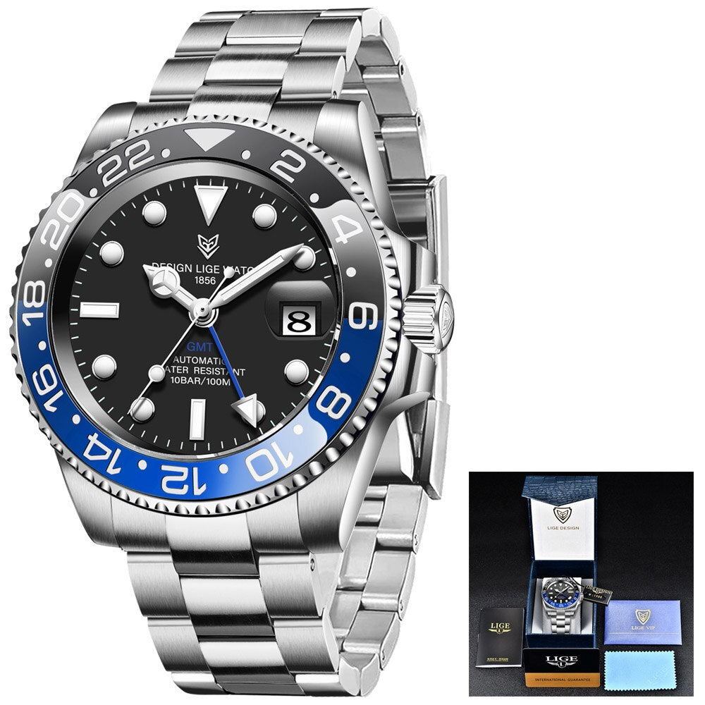 LIGE DESIGN Men GMT Automatic Mechanical Watch Ceramic Bezel 316L Stainless Steel 100ATM Waterproof Clock Sapphire Glass Watches