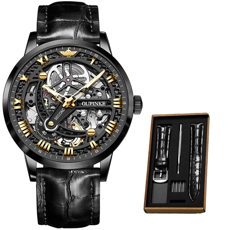 Luxury Men Mechanical Wristwatch Automatic Watch Men Classic Skeleton Leather Top Brand OUPINKE Transparent Sapphire Waterproof