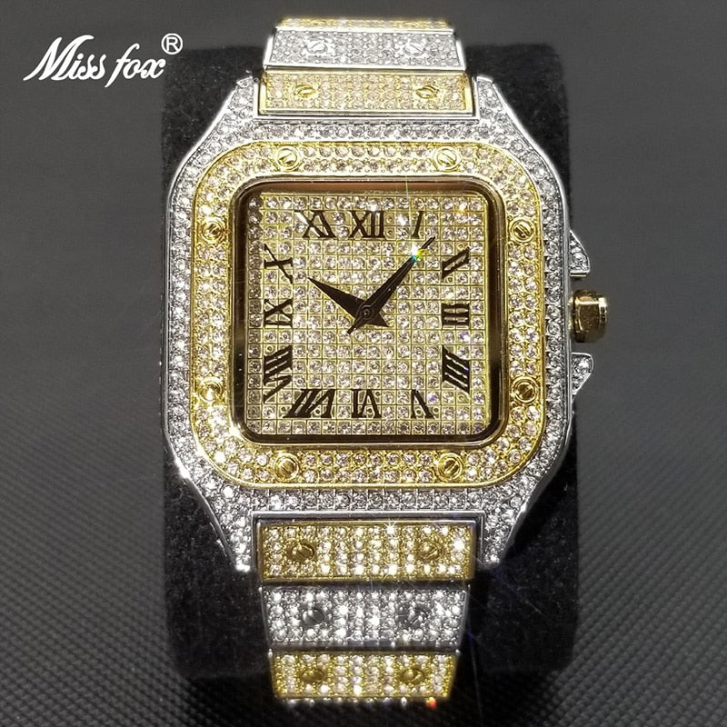 MISSFOX Ice Out Square Watch For Men Top Brand Luxury Full Diamond Mens Watches Ultra Thin Waterproof Wrist Watch