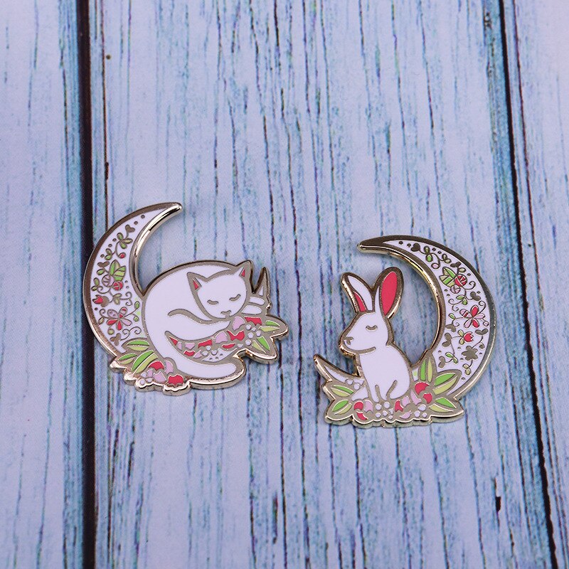 Moon, Cat and Rabbit Brooch Set Cute Animal Emblems Beautiful Clothes Bag Accessorie