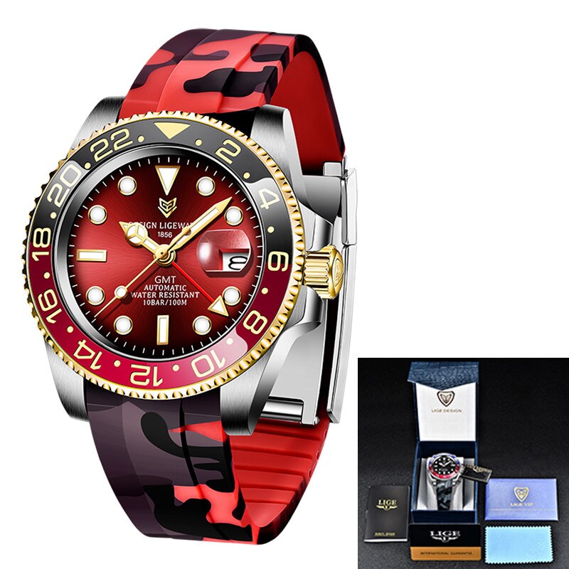 LIGE Men Watches Sapphire Glass 40MM Ceramic GMT Automatic Mechanical Watch Men 100m Waterproof Classic Fashion Luxury Clock+Box