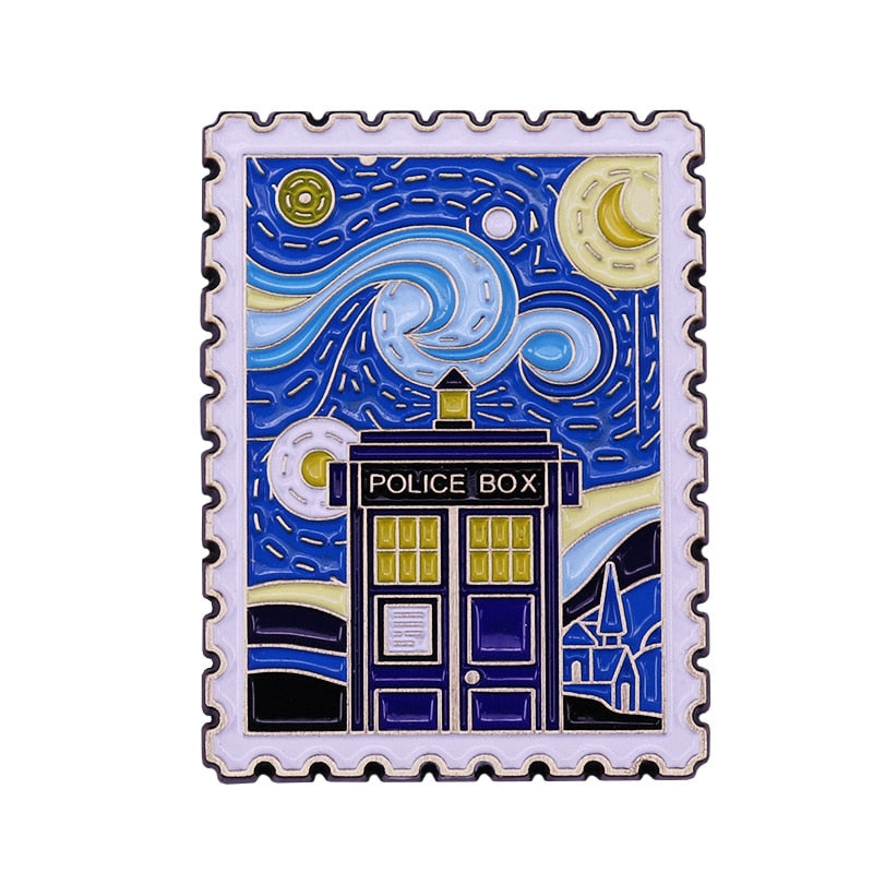The time machine under the stars Tadis stamp brooch Doctor Who and Van Gogh oil