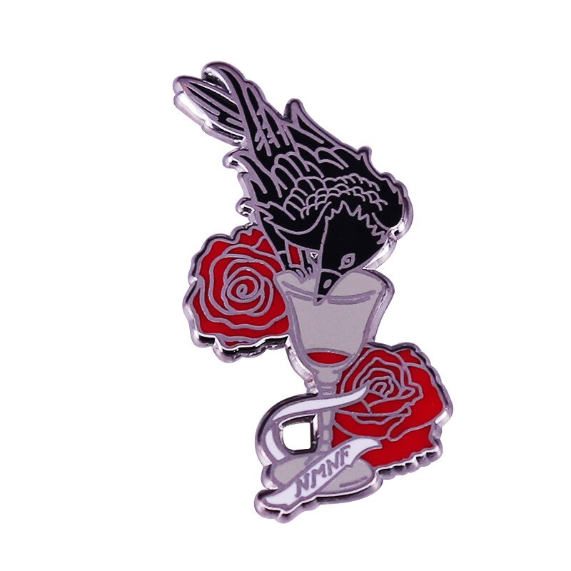 Crow Drinking Wine Brooch Red Rose Badge Six of Crows Literature Book Inspiration Pin