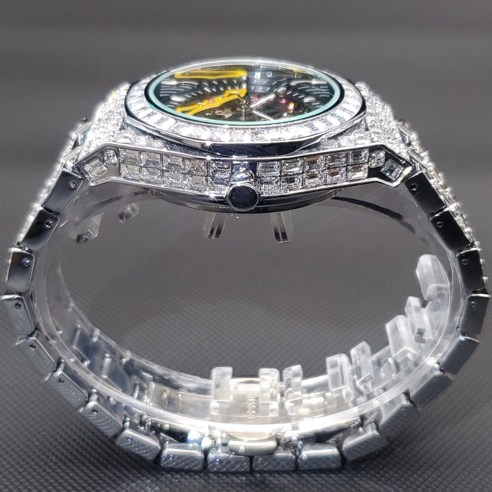 MISSFOX Hip Hop Ice Out Mechanical Men Watch Luxury Full Diamond Skeleton Clock Waterproof Tourbillon Automatic Watches 2021 New