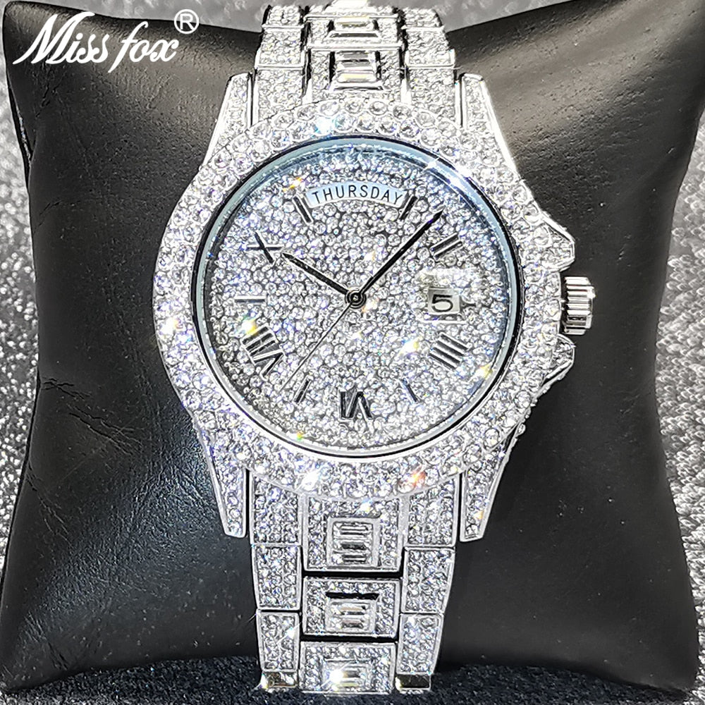 MISSFOX Quartz Men's Watch Diamond Top Dual Calendar Watch Men Waterproof Diver Luxury Silver Calendar Steel Relogio Masculino