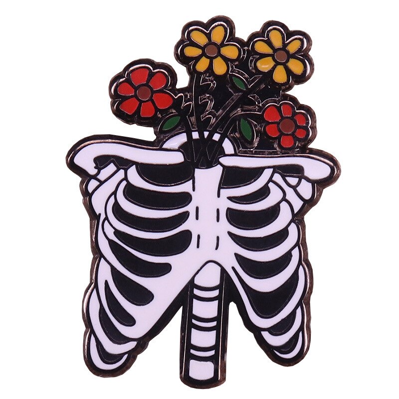 Flowers blooming on the skeleton Brooch human anatomy badge Halloween Gothic art accessories