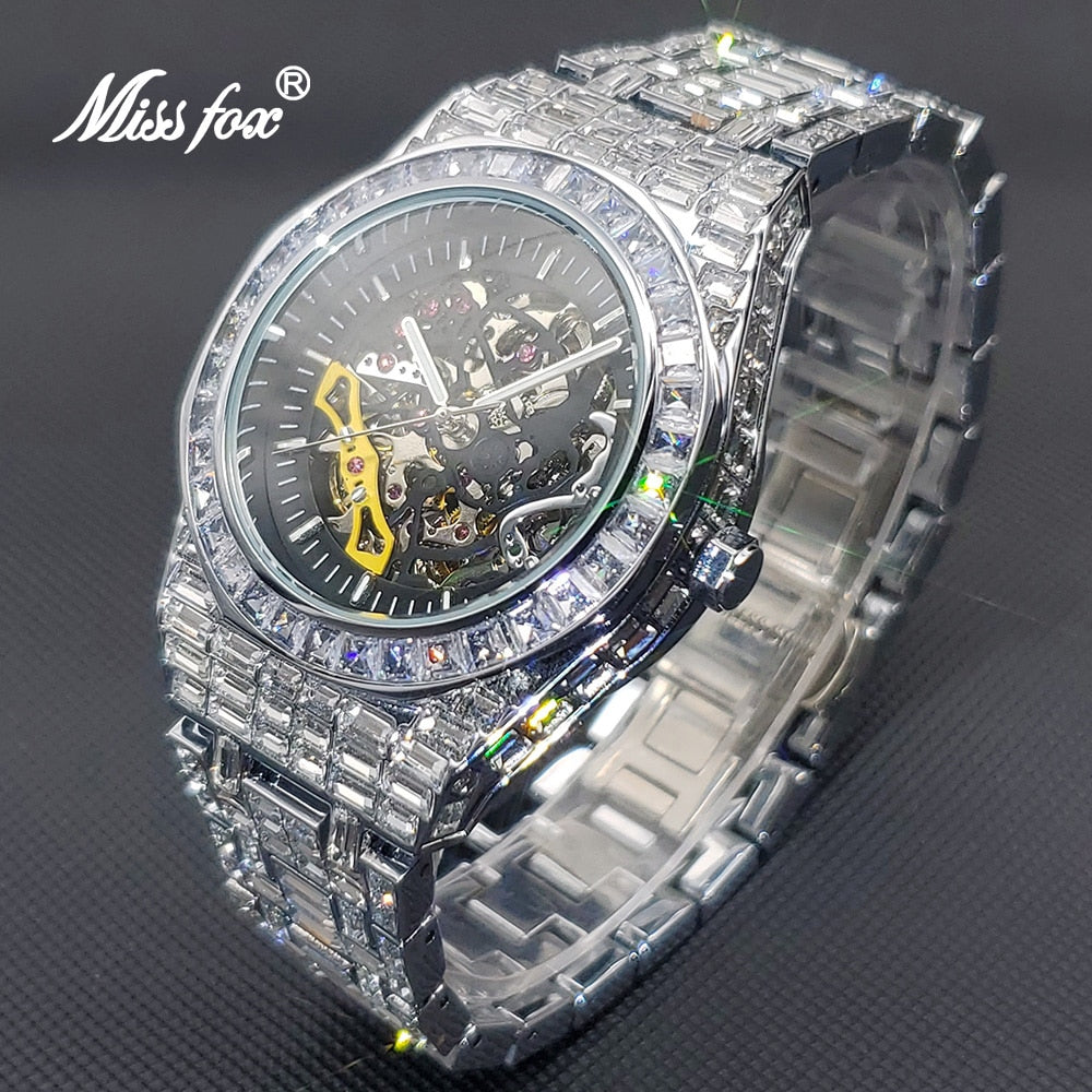 MISSFOX Hip Hop Ice Out Mechanical Men Watch Luxury Full Diamond Skeleton Clock Waterproof Tourbillon Automatic Watches 2021 New