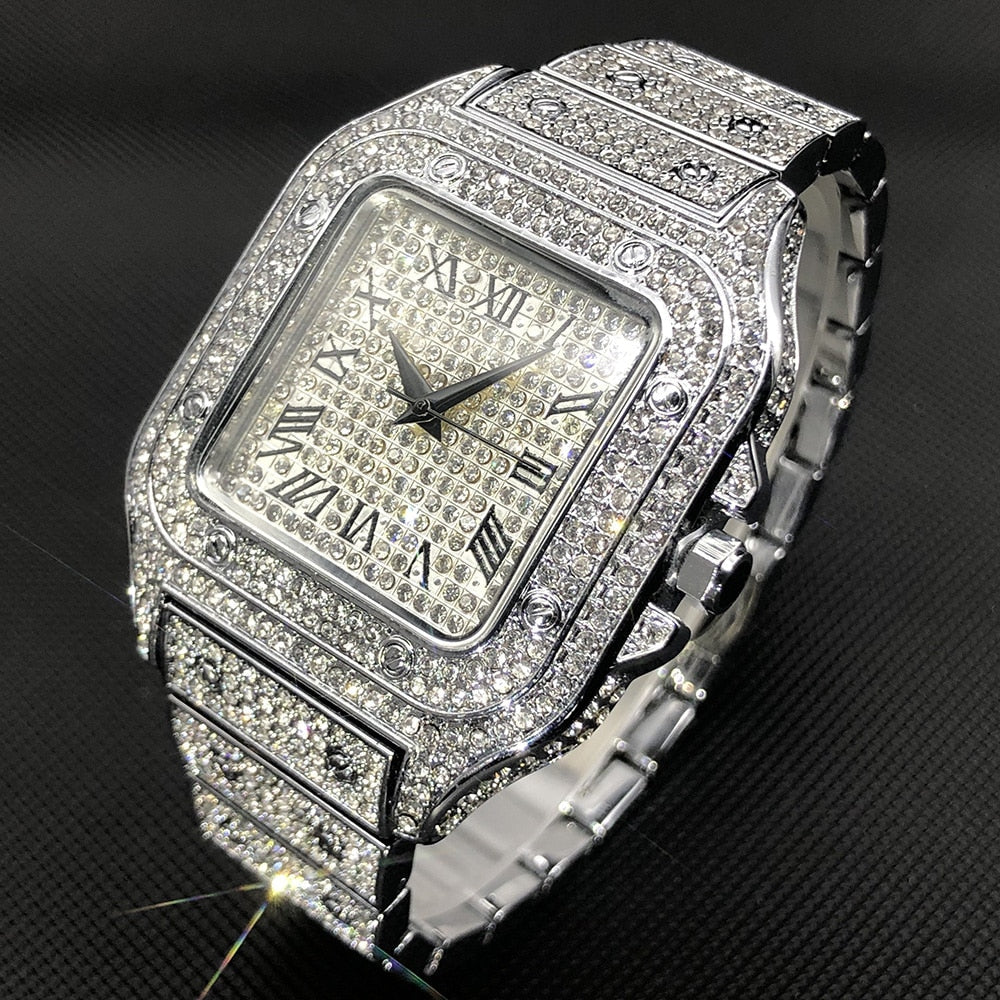 MISSFOX Ice Out Square Watch For Men Top Brand Luxury Full Diamond Mens Watches Ultra Thin Waterproof Wrist Watch
