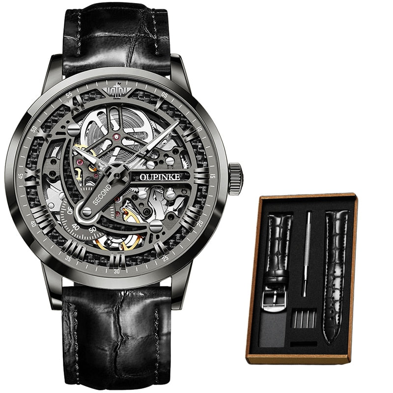Luxury Men Mechanical Wristwatch Automatic Watch Men Classic Skeleton Leather Top Brand OUPINKE Transparent Sapphire Waterproof