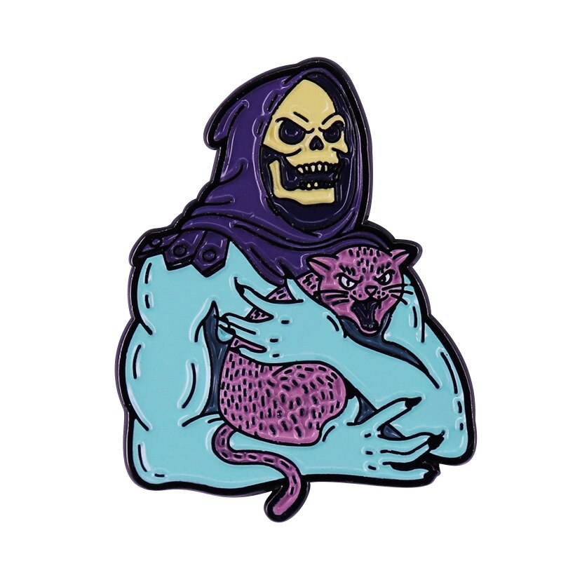 Cosmic Giant Seaman Skull and Cat Brooch 80s Fantasy Adventure Animation Inspiration Badge