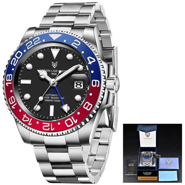 LIGE Men Watches Sapphire Glass 40MM Ceramic GMT Automatic Mechanical Watch Men 100m Waterproof Classic Fashion Luxury Clock+Box